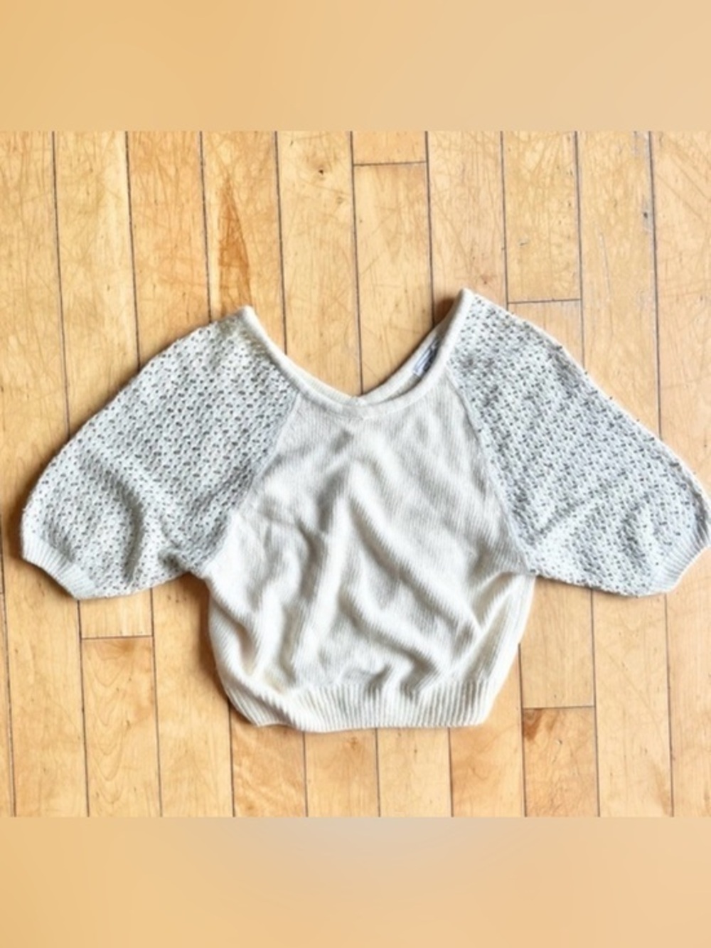 FABE 90s Cream Knit Cropped Sweater Angora Rabbit Beaded Sleeves Size Medium